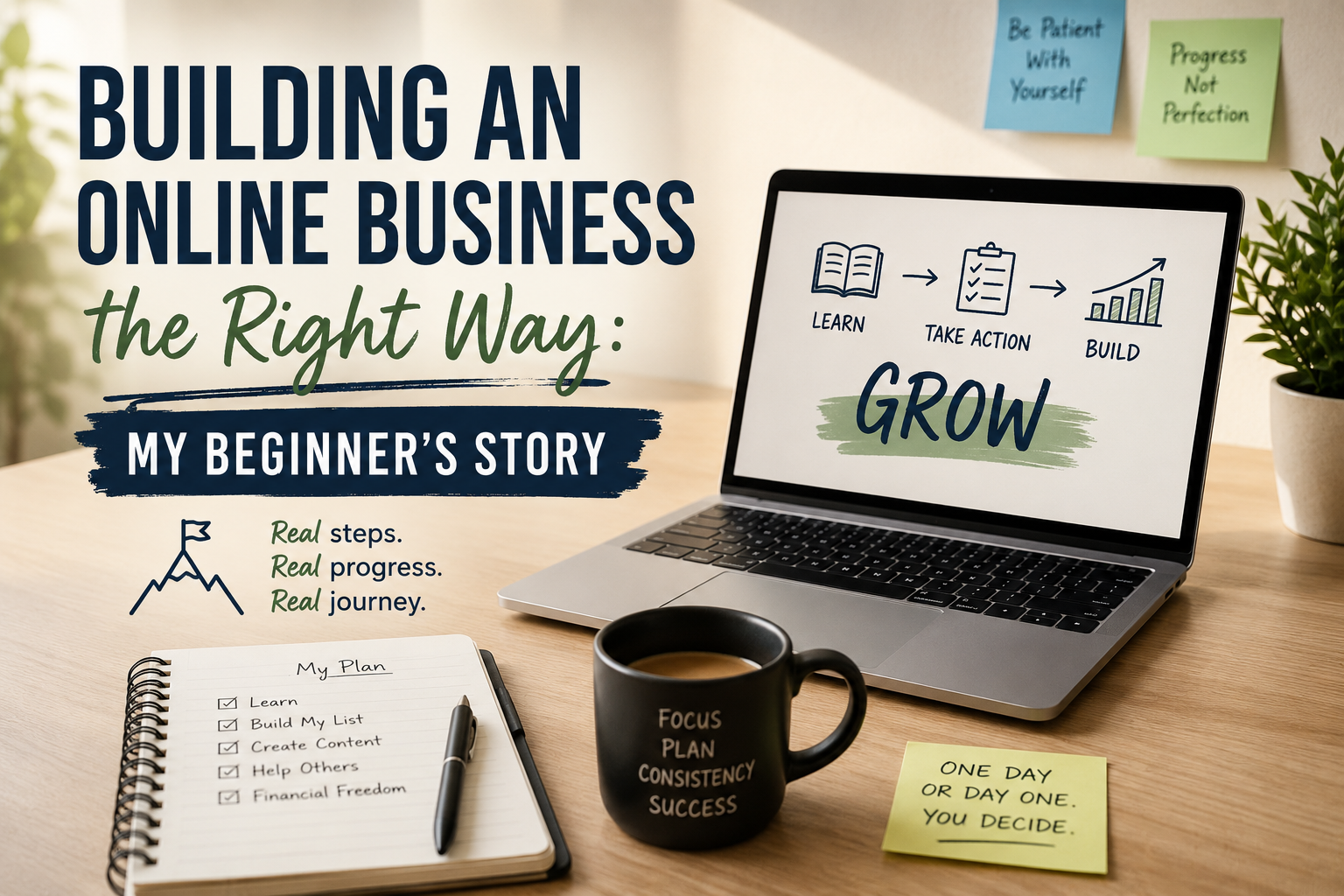 Beginner entrepreneur working on building an online business with a laptop, notebook, and business growth plan in a home office workspace.