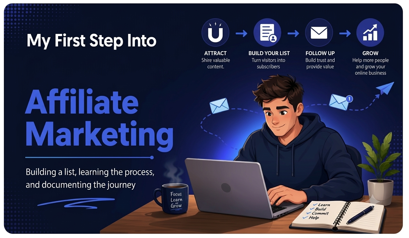 An illustrated guide showing the first steps into affiliate marketing, featuring a young man working on a laptop with an audience-building roadmap.